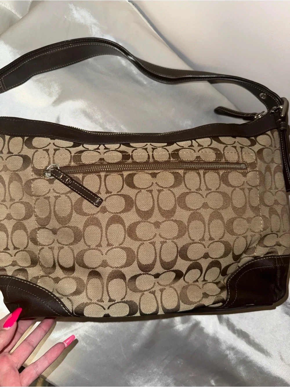 Coach Brown Signature Canvas Shoulder Bag with Dark Brown Leather Trim